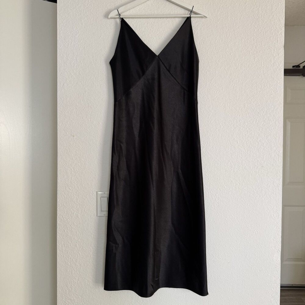 VINCE Black Satin V-Neck Midi Slip Dress Sz M Quiet Luxury Minimalist MSRP $295 - Picture 11 of 16